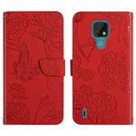 For Motorola Moto E7 Skin Feel Butterfly Peony Embossed Leather Phone Case(Red)