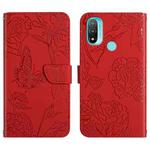 For Motorola Moto E20 / E30 / E40 Skin Feel Butterfly Peony Embossed Leather Phone Case(Red)