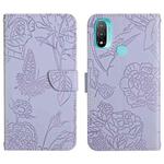 For Motorola Moto E20 / E30 / E40 Skin Feel Butterfly Peony Embossed Leather Phone Case(Purple)