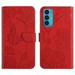 For Motorola Edge 20 Skin Feel Butterfly Peony Embossed Leather Phone Case(Red)