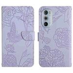 For Motorola Edge 30 Pro Skin Feel Butterfly Peony Embossed Leather Phone Case(Purple)