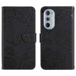 For Motorola Edge 30 Pro Skin Feel Butterfly Peony Embossed Leather Phone Case(Black)