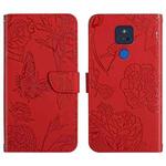 For Motorola Moto G Play 2021 Skin Feel Butterfly Peony Embossed Leather Phone Case(Red)