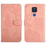 For Motorola Moto G Play 2021 Skin Feel Butterfly Peony Embossed Leather Phone Case(Pink)