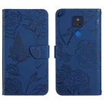 For Motorola Moto G Play 2021 Skin Feel Butterfly Peony Embossed Leather Phone Case(Blue)