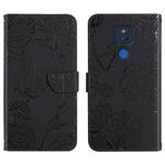 For Motorola Moto G Play 2021 Skin Feel Butterfly Peony Embossed Leather Phone Case(Black)