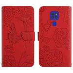 For Motorola Moto G9 Skin Feel Butterfly Peony Embossed Leather Phone Case(Red)