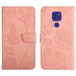 For Motorola Moto G9 Skin Feel Butterfly Peony Embossed Leather Phone Case(Pink)