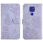 For Motorola Moto G9 Skin Feel Butterfly Peony Embossed Leather Phone Case(Purple)