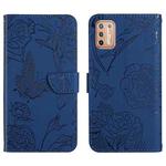 For Motorola Moto G9 Plus Skin Feel Butterfly Peony Embossed Leather Phone Case(Blue)