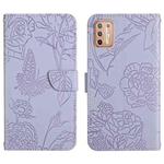 For Motorola Moto G9 Plus Skin Feel Butterfly Peony Embossed Leather Phone Case(Purple)