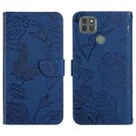 For Motorola Moto G9 Power Skin Feel Butterfly Peony Embossed Leather Phone Case(Blue)