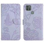 For Motorola Moto G9 Power Skin Feel Butterfly Peony Embossed Leather Phone Case(Purple)