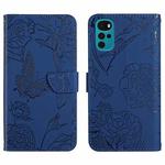 For Motorola Moto G22 Skin Feel Butterfly Peony Embossed Leather Phone Case(Blue)