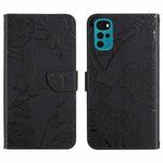 For Motorola Moto G22 Skin Feel Butterfly Peony Embossed Leather Phone Case(Black)