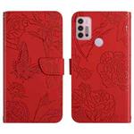 For Motorola Moto G30 Skin Feel Butterfly Peony Embossed Leather Phone Case(Red)