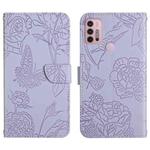 For Motorola Moto G30 Skin Feel Butterfly Peony Embossed Leather Phone Case(Purple)