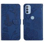 For Motorola Moto G31 / G41 Skin Feel Butterfly Peony Embossed Leather Phone Case(Blue)