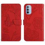 For Motorola Moto G51 Skin Feel Butterfly Peony Embossed Leather Phone Case(Red)