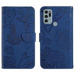 For Motorola Moto G60s Skin Feel Butterfly Peony Embossed Leather Phone Case(Blue)