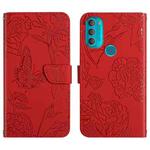 For Motorola Moto G71 Skin Feel Butterfly Peony Embossed Leather Phone Case(Red)