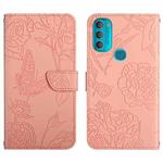 For Motorola Moto G71 Skin Feel Butterfly Peony Embossed Leather Phone Case(Pink)