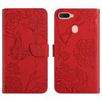 For OPPO A7 Skin Feel Butterfly Peony Embossed Leather Phone Case(Red)