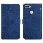 For OPPO A7 Skin Feel Butterfly Peony Embossed Leather Phone Case(Blue)