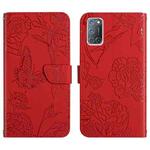 For OPPO A52 / A72 / A92 Skin Feel Butterfly Peony Embossed Leather Phone Case(Red)