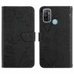 For OPPO A53 4G Skin Feel Butterfly Peony Embossed Leather Phone Case(Black)