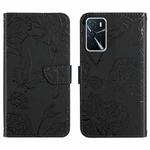 For OPPO A54 4G / A16 Skin Feel Butterfly Peony Embossed Leather Phone Case(Black)