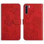 For OPPO A91 Skin Feel Butterfly Peony Embossed Leather Phone Case(Red)