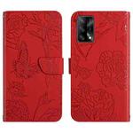For OPPO F19 Skin Feel Butterfly Peony Embossed Leather Phone Case(Red)