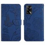 For OPPO F19 Skin Feel Butterfly Peony Embossed Leather Phone Case(Blue)