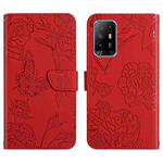 For OPPO F19 Pro+ Skin Feel Butterfly Peony Embossed Leather Phone Case(Red)