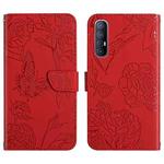 For OPPO Reno3 Pro Skin Feel Butterfly Peony Embossed Leather Phone Case(Red)