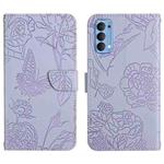 For OPPO Reno4 5G Skin Feel Butterfly Peony Embossed Leather Phone Case(Purple)