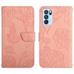 For OPPO Reno6 Pro 5G Skin Feel Butterfly Peony Embossed Leather Phone Case(Pink)