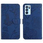 For OPPO Reno6 Pro 5G Skin Feel Butterfly Peony Embossed Leather Phone Case(Blue)