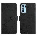 For OPPO Reno6 Pro 5G Skin Feel Butterfly Peony Embossed Leather Phone Case(Black)