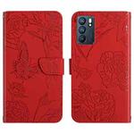 For OPPO Reno6 5G Skin Feel Butterfly Peony Embossed Leather Phone Case(Red)