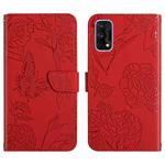 For OPPO Realme 7 Pro Skin Feel Butterfly Peony Embossed Leather Phone Case(Red)