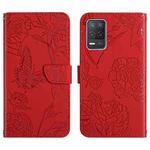 For OPPO Realme 8 5G / V13 5G Skin Feel Butterfly Peony Embossed Leather Phone Case(Red)