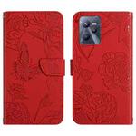 For OPPO Realme C35 Skin Feel Butterfly Peony Embossed Leather Phone Case(Red)