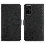 For OPPO Realme GT Skin Feel Butterfly Peony Embossed Leather Phone Case(Black)