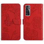 For vivo V20 SE Skin Feel Butterfly Peony Embossed Leather Phone Case(Red)