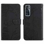 For vivo V20 SE Skin Feel Butterfly Peony Embossed Leather Phone Case(Black)