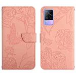 For vivo V21e Skin Feel Butterfly Peony Embossed Leather Phone Case(Pink)