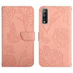 For vivo Y70s Skin Feel Butterfly Peony Embossed Leather Phone Case(Pink)