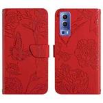 For vivo Y72 5G Skin Feel Butterfly Peony Embossed Leather Phone Case(Red)